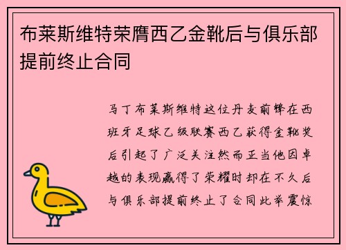 布莱斯维特荣膺西乙金靴后与俱乐部提前终止合同 布莱斯维特荣膺西乙金靴后与俱乐部提前终止合同